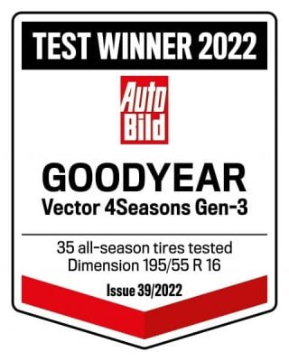 Vista de distinción Ganador del Test de Auto Bild 2022 al Goodyear Vector 4Seasons Gen-3 