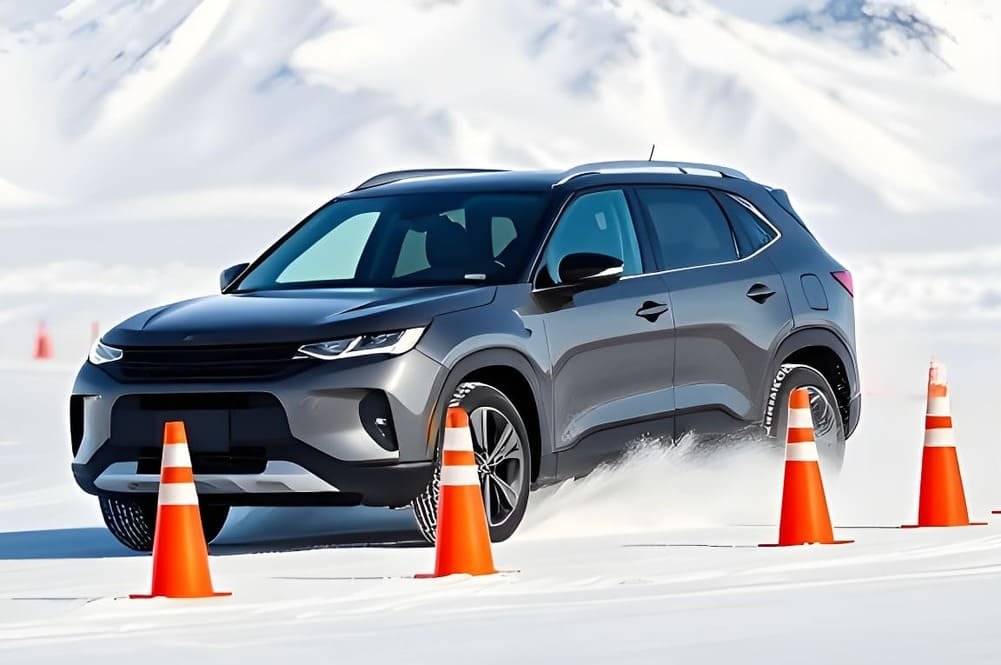 Vista de SUV en pista de nieve 