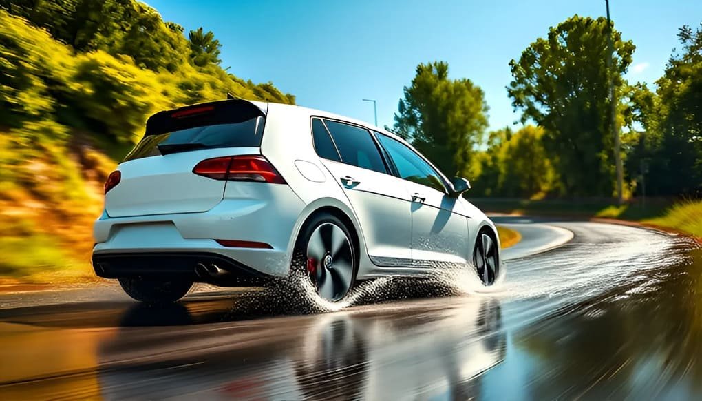 Coche en carretera mojada - Mejores neumaticos alto rendimiento deportivos segun test EVO